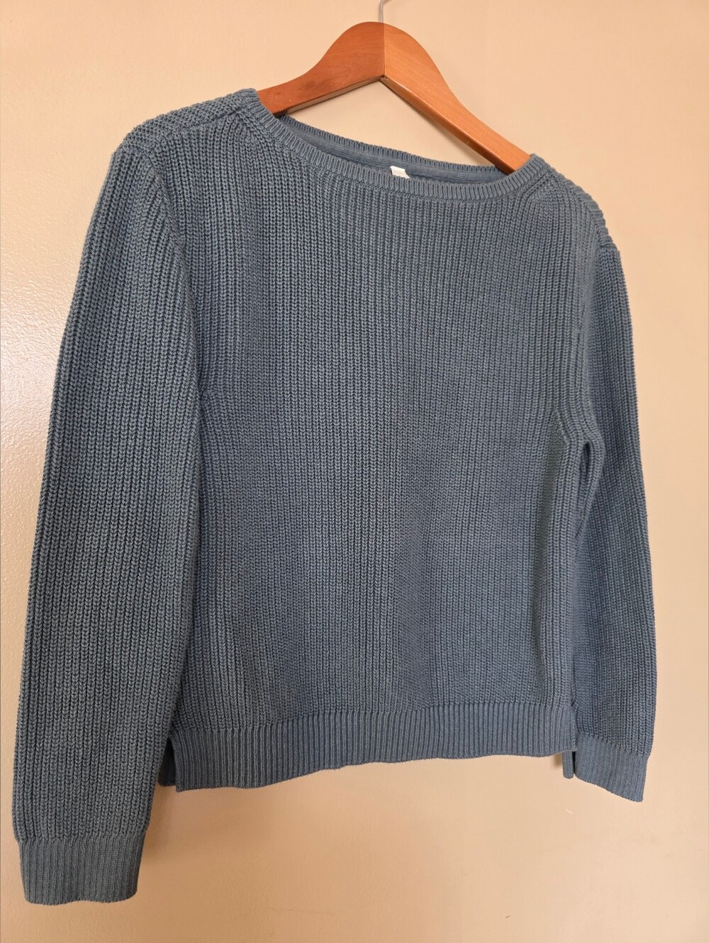 Pact Organic Cotton Chunky Fisherman Knit Sweater Boatneck Dusty Blue M Coastal